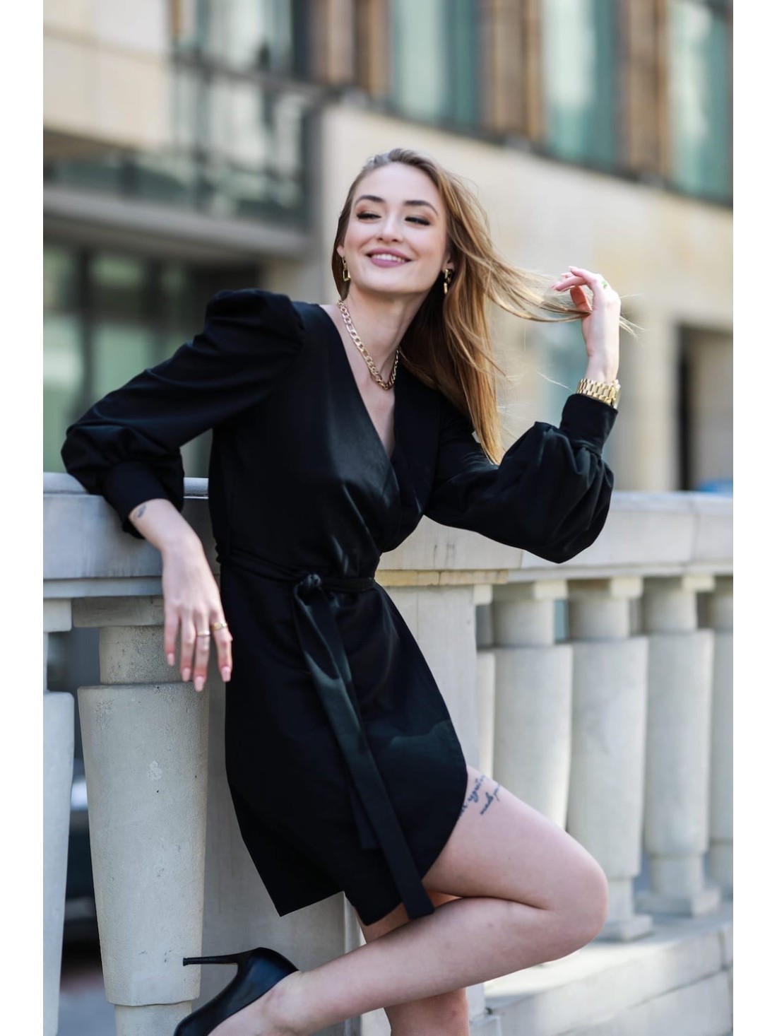 Envelope dress with puffy sleeves, black FI701 - Online store - Boutique